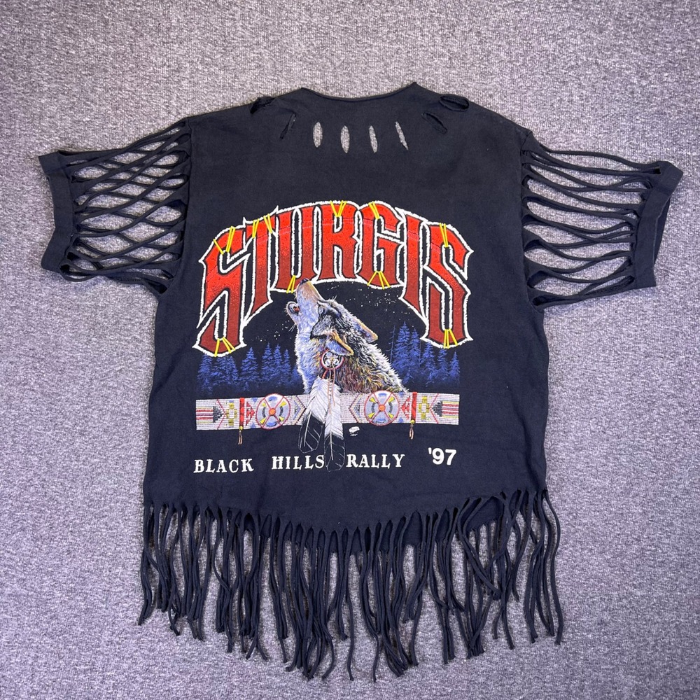 Vintage 90s Sturgis Black Hills Rally '97 Wolf Graphic Fringe Cutout Shirt Biker